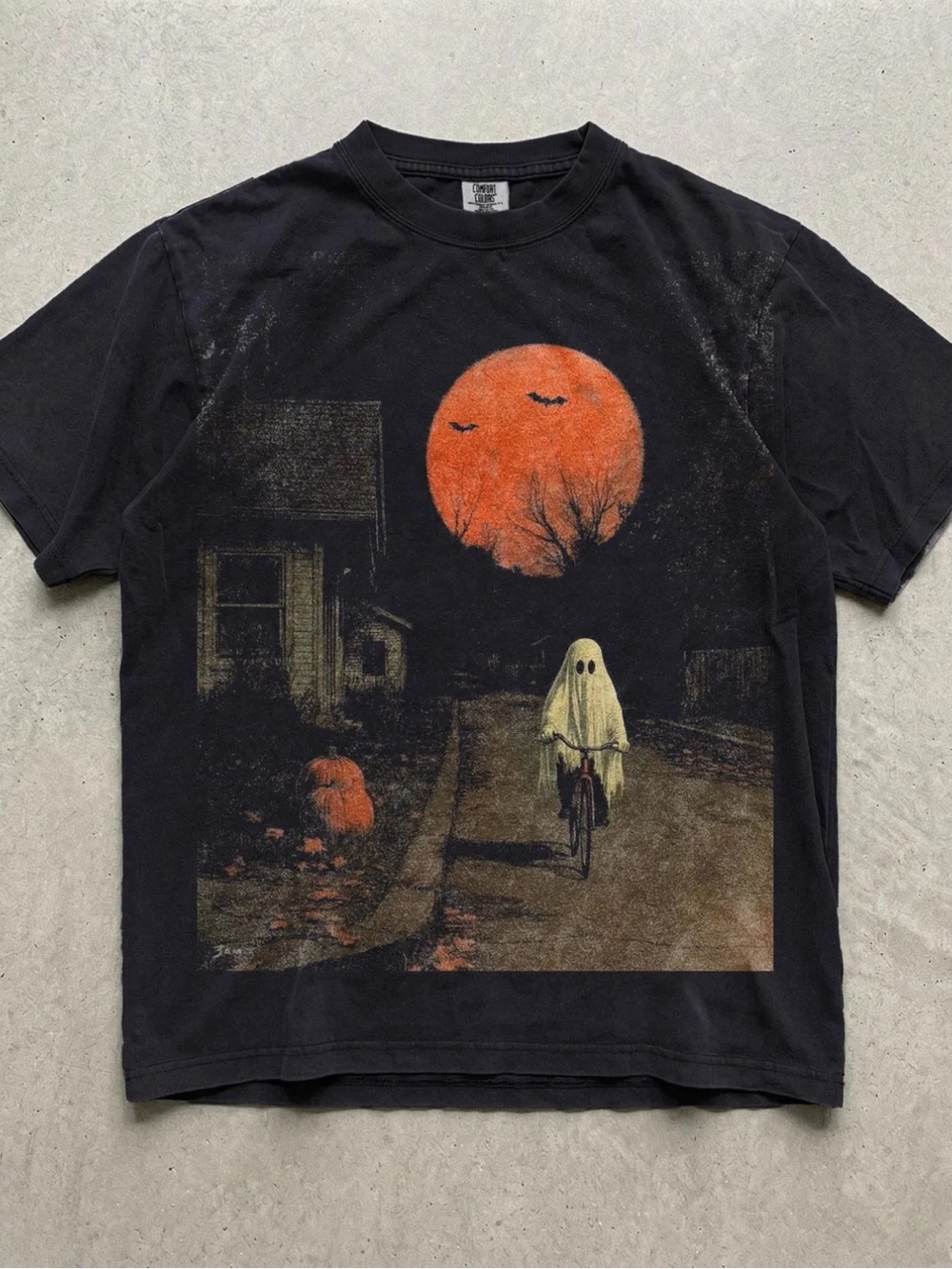 Comfort Colors Black Halloween Ghost Biking T-Shirt with Orange Moon